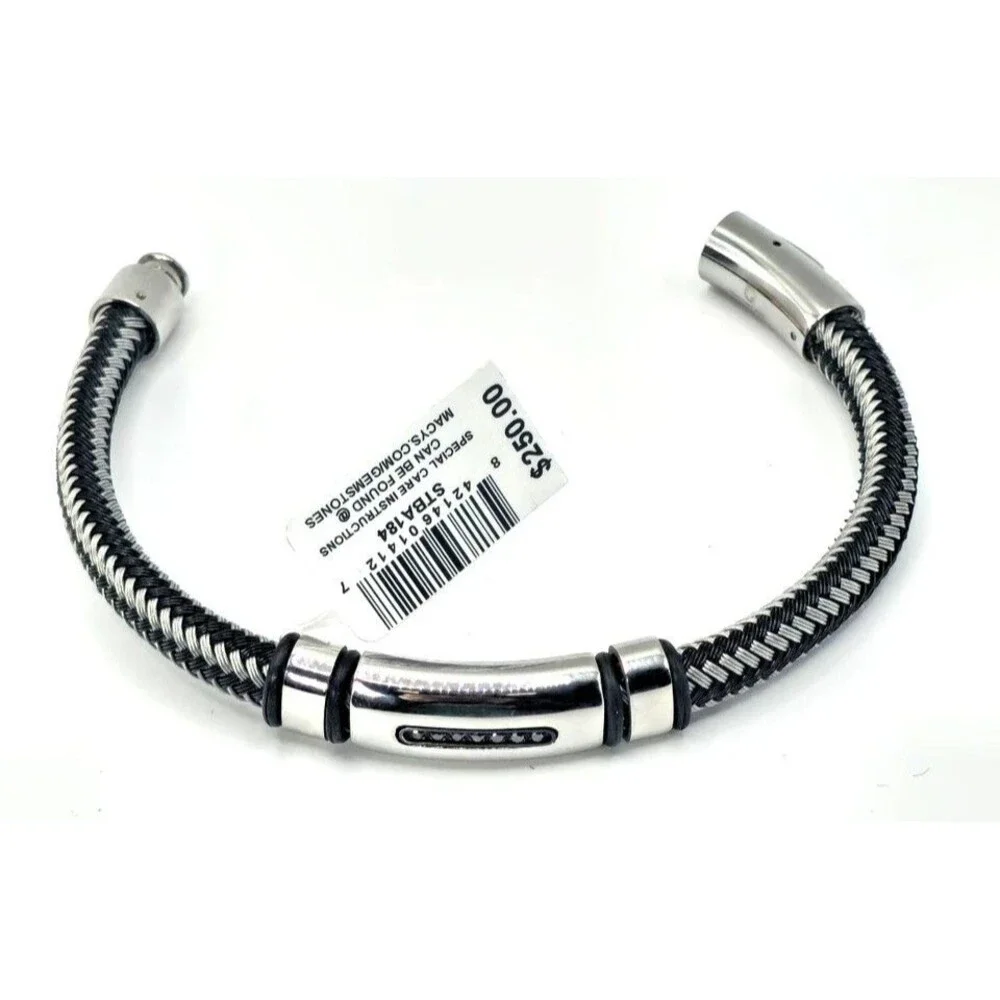 Macy's Men's Black & Silver Stainless Steel Braided Bracelet with Accent Stones